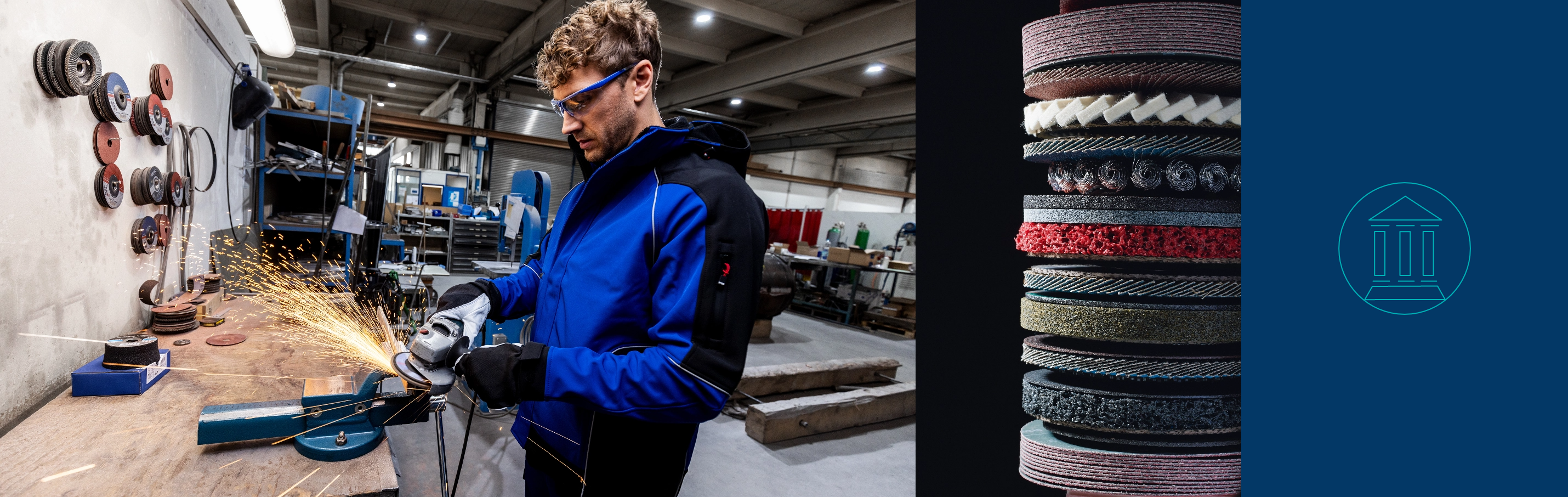 Arbeiter mit Schutzbrille und Schutzhandschuhe bearbeitet Material mit einer Flex